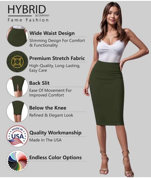 Hybrid & Company Women's Premium Nylon Ponte Stretch High Waist Pencil Suit Skirt Below Knee