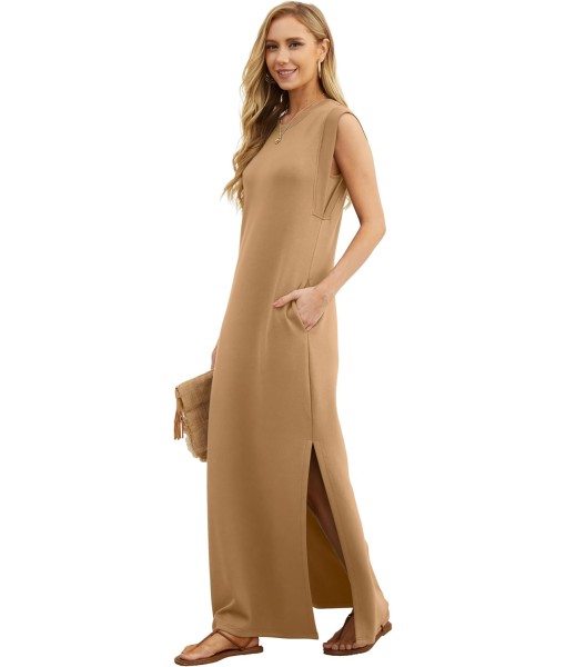 GRECERELLE 2025 Women Year-Round Casual Round Neck Loose Split Wrinkle-Free Long Maxi Vacation Dress with Pockets (XS-3XL)