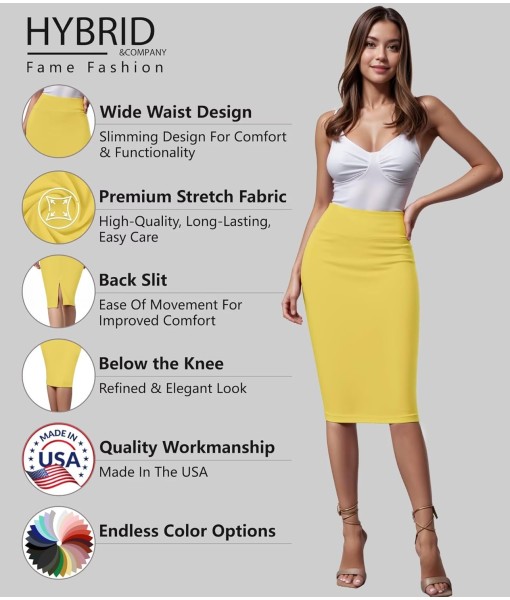 Hybrid & Company Women's Premium Nylon Ponte Stretch High Waist Pencil Suit Skirt Below Knee