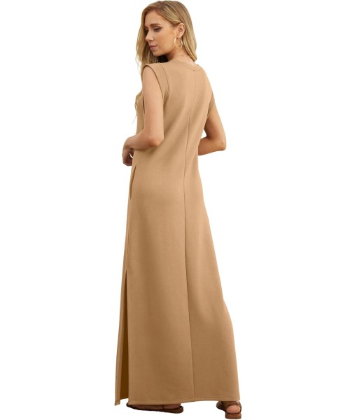 GRECERELLE 2025 Women Year-Round Casual Round Neck Loose Split Wrinkle-Free Long Maxi Vacation Dress with Pockets (XS-3XL)