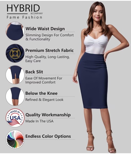 Hybrid & Company Women's Premium Nylon Ponte Stretch High Waist Pencil Suit Skirt Below Knee