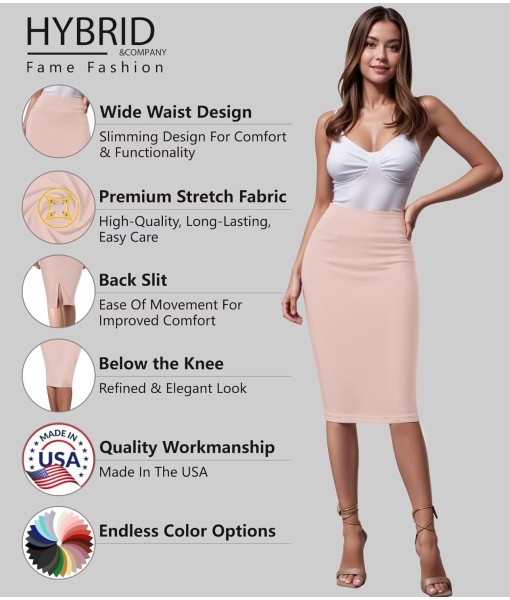 Hybrid & Company Women's Premium Nylon Ponte Stretch High Waist Pencil Suit Skirt Below Knee