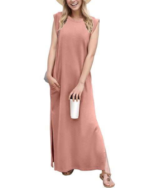 GRECERELLE 2025 Women Year-Round Casual Round Neck Loose Split Wrinkle-Free Long Maxi Vacation Dress with Pockets (XS-3XL)