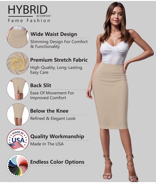 Hybrid & Company Women's Premium Nylon Ponte Stretch High Waist Pencil Suit Skirt Below Knee