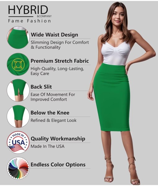 Hybrid & Company Women's Premium Nylon Ponte Stretch High Waist Pencil Suit Skirt Below Knee