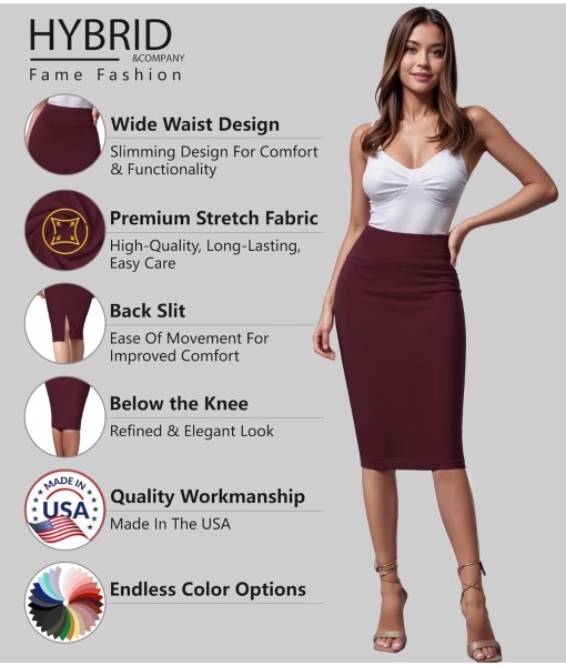 Hybrid & Company Women's Premium Nylon Ponte Stretch High Waist Pencil Suit Skirt Below Knee