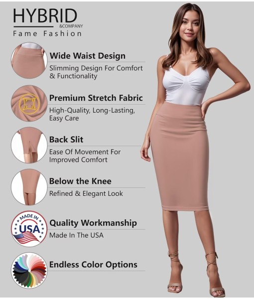 Hybrid & Company Women's Premium Nylon Ponte Stretch High Waist Pencil Suit Skirt Below Knee