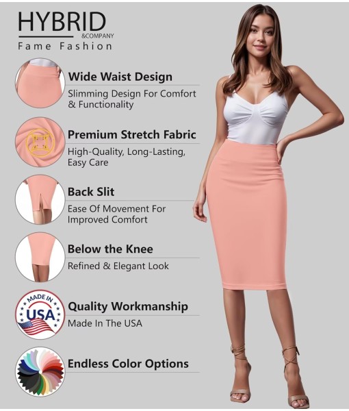 Hybrid & Company Women's Premium Nylon Ponte Stretch High Waist Pencil Suit Skirt Below Knee