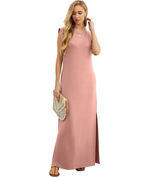 GRECERELLE 2025 Women Year-Round Casual Round Neck Loose Split Wrinkle-Free Long Maxi Vacation Dress with Pockets (XS-3XL)