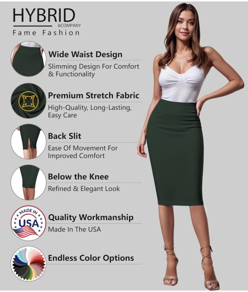 Hybrid & Company Women's Premium Nylon Ponte Stretch High Waist Pencil Suit Skirt Below Knee