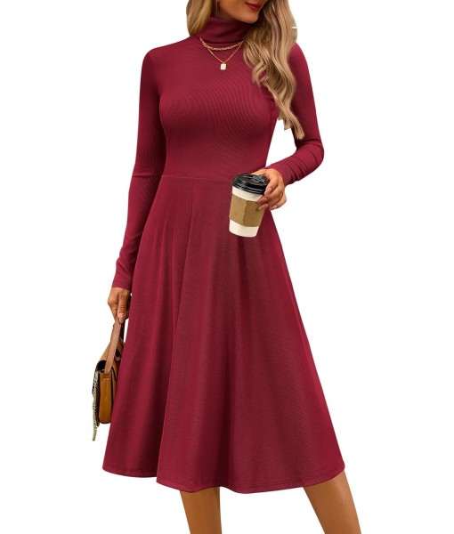 CFLONGE Women's Casual Ribbed Knit High Neck Dress Long Sleeve Fall Dress for Women 2025 Lightweight A Line Flare Dresses