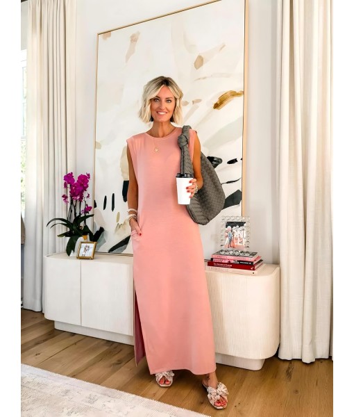 GRECERELLE 2025 Women Year-Round Casual Round Neck Loose Split Wrinkle-Free Long Maxi Vacation Dress with Pockets (XS-3XL)