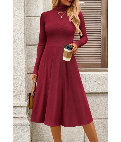 CFLONGE Women's Casual Ribbed Knit High Neck Dress Long Sleeve Fall Dress for Women 2025 Lightweight A Line Flare Dresses