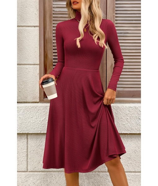 CFLONGE Women's Casual Ribbed Knit High Neck Dress Long Sleeve Fall Dress for Women 2025 Lightweight A Line Flare Dresses
