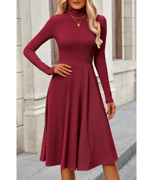 CFLONGE Women's Casual Ribbed Knit High Neck Dress Long Sleeve Fall Dress for Women 2025 Lightweight A Line Flare Dresses