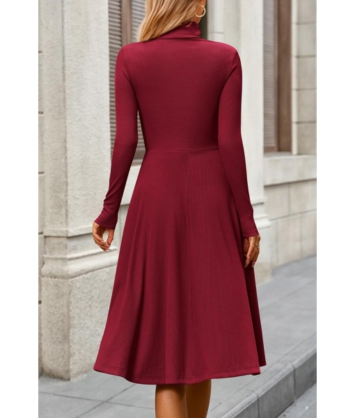 CFLONGE Women's Casual Ribbed Knit High Neck Dress Long Sleeve Fall Dress for Women 2025 Lightweight A Line Flare Dresses