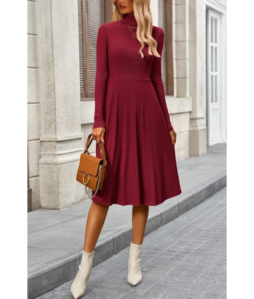 CFLONGE Women's Casual Ribbed Knit High Neck Dress Long Sleeve Fall Dress for Women 2025 Lightweight A Line Flare Dresses