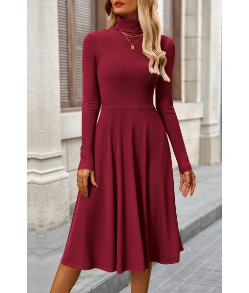 CFLONGE Women's Casual Ribbed Knit High Neck Dress Long Sleeve Fall Dress for Women 2025 Lightweight A Line Flare Dresses