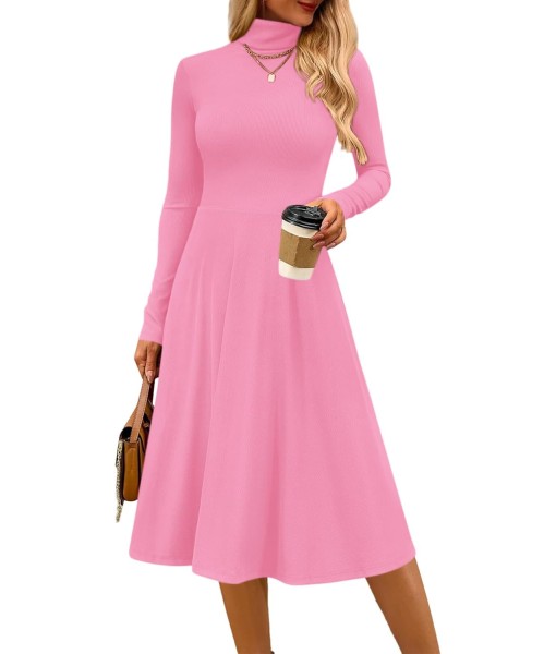 CFLONGE Women's Casual Ribbed Knit High Neck Dress Long Sleeve Fall Dress for Women 2025 Lightweight A Line Flare Dresses
