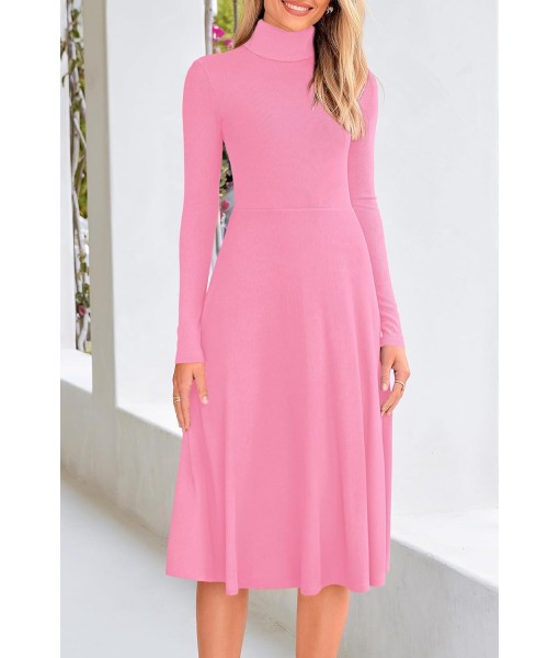CFLONGE Women's Casual Ribbed Knit High Neck Dress Long Sleeve Fall Dress for Women 2025 Lightweight A Line Flare Dresses