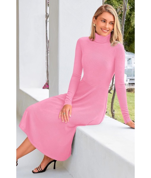 CFLONGE Women's Casual Ribbed Knit High Neck Dress Long Sleeve Fall Dress for Women 2025 Lightweight A Line Flare Dresses