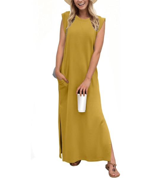 GRECERELLE 2025 Women Year-Round Casual Round Neck Loose Split Wrinkle-Free Long Maxi Vacation Dress with Pockets (XS-3XL)
