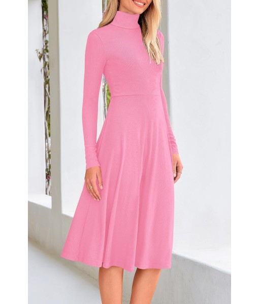 CFLONGE Women's Casual Ribbed Knit High Neck Dress Long Sleeve Fall Dress for Women 2025 Lightweight A Line Flare Dresses