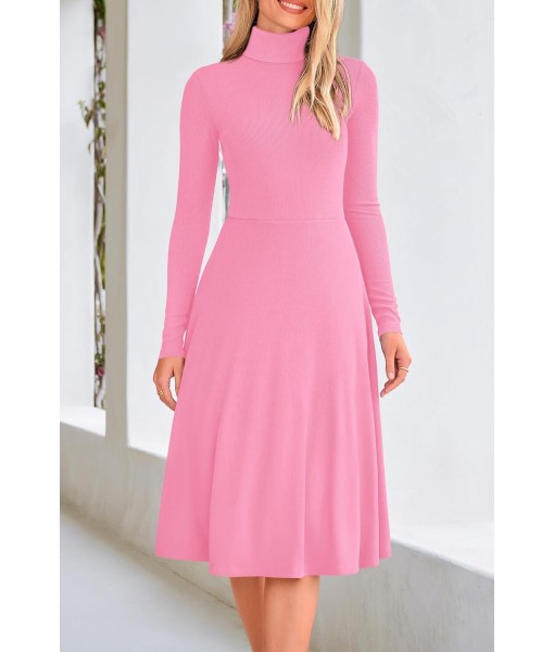CFLONGE Women's Casual Ribbed Knit High Neck Dress Long Sleeve Fall Dress for Women 2025 Lightweight A Line Flare Dresses