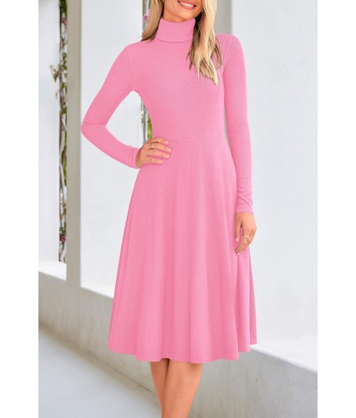 CFLONGE Women's Casual Ribbed Knit High Neck Dress Long Sleeve Fall Dress for Women 2025 Lightweight A Line Flare Dresses