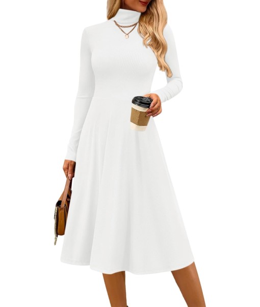 CFLONGE Women's Casual Ribbed Knit High Neck Dress Long Sleeve Fall Dress for Women 2025 Lightweight A Line Flare Dresses