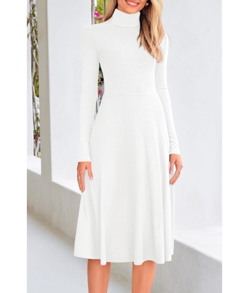 CFLONGE Women's Casual Ribbed Knit High Neck Dress Long Sleeve Fall Dress for Women 2025 Lightweight A Line Flare Dresses