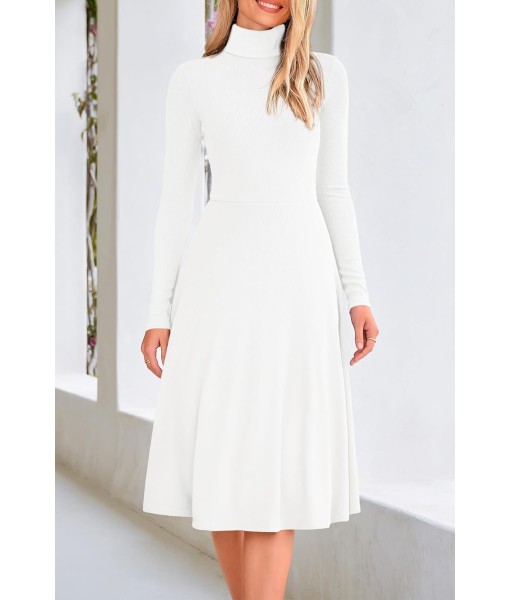 CFLONGE Women's Casual Ribbed Knit High Neck Dress Long Sleeve Fall Dress for Women 2025 Lightweight A Line Flare Dresses
