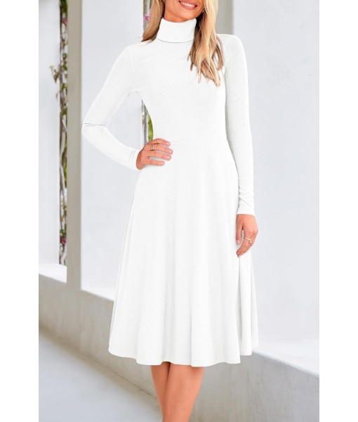 CFLONGE Women's Casual Ribbed Knit High Neck Dress Long Sleeve Fall Dress for Women 2025 Lightweight A Line Flare Dresses
