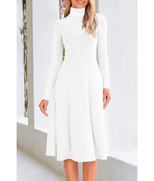 CFLONGE Women's Casual Ribbed Knit High Neck Dress Long Sleeve Fall Dress for Women 2025 Lightweight A Line Flare Dresses