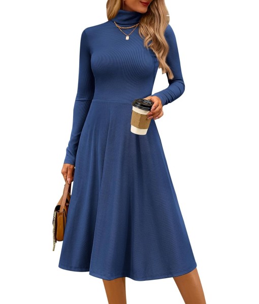 CFLONGE Women's Casual Ribbed Knit High Neck Dress Long Sleeve Fall Dress for Women 2025 Lightweight A Line Flare Dresses