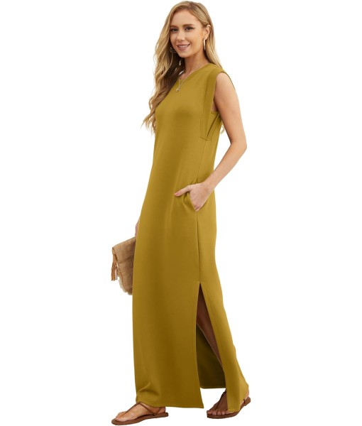 GRECERELLE 2025 Women Year-Round Casual Round Neck Loose Split Wrinkle-Free Long Maxi Vacation Dress with Pockets (XS-3XL)