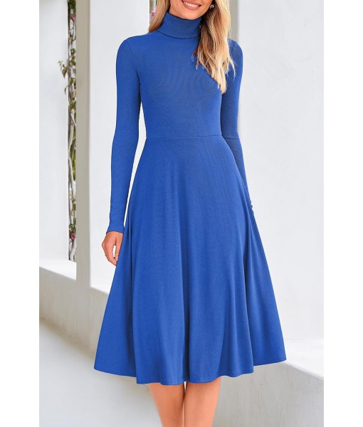 CFLONGE Women's Casual Ribbed Knit High Neck Dress Long Sleeve Fall Dress for Women 2025 Lightweight A Line Flare Dresses