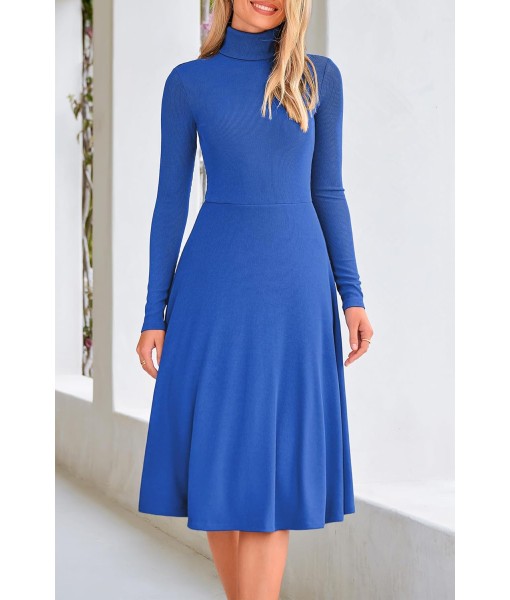 CFLONGE Women's Casual Ribbed Knit High Neck Dress Long Sleeve Fall Dress for Women 2025 Lightweight A Line Flare Dresses