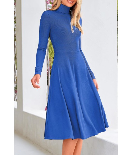 CFLONGE Women's Casual Ribbed Knit High Neck Dress Long Sleeve Fall Dress for Women 2025 Lightweight A Line Flare Dresses