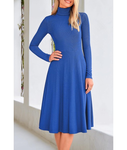CFLONGE Women's Casual Ribbed Knit High Neck Dress Long Sleeve Fall Dress for Women 2025 Lightweight A Line Flare Dresses