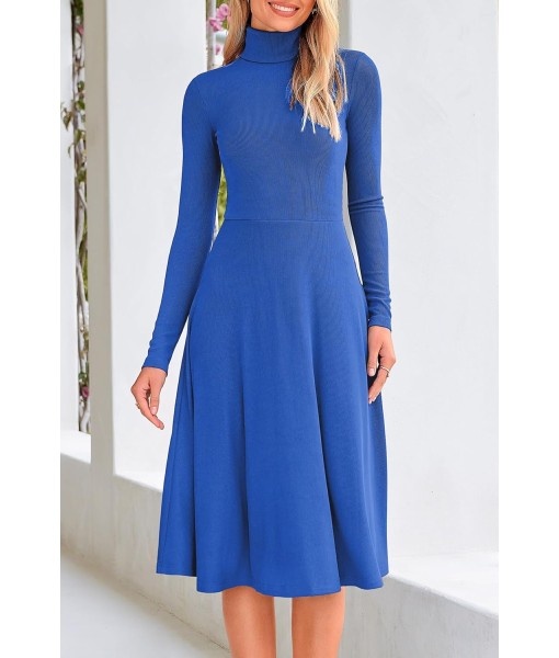 CFLONGE Women's Casual Ribbed Knit High Neck Dress Long Sleeve Fall Dress for Women 2025 Lightweight A Line Flare Dresses