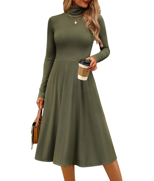 CFLONGE Women's Casual Ribbed Knit High Neck Dress Long Sleeve Fall Dress for Women 2025 Lightweight A Line Flare Dresses