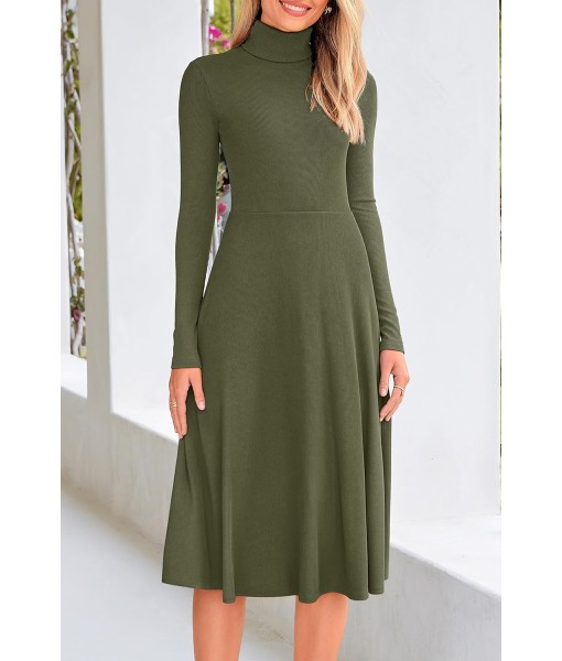 CFLONGE Women's Casual Ribbed Knit High Neck Dress Long Sleeve Fall Dress for Women 2025 Lightweight A Line Flare Dresses