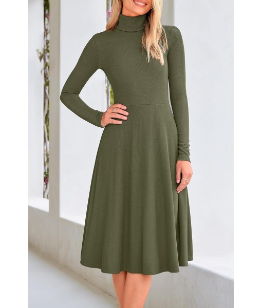 CFLONGE Women's Casual Ribbed Knit High Neck Dress Long Sleeve Fall Dress for Women 2025 Lightweight A Line Flare Dresses