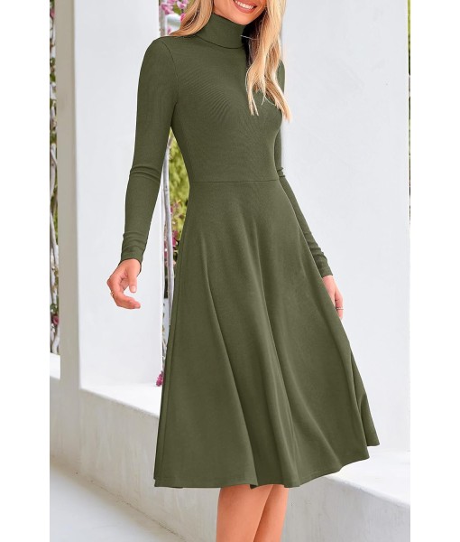 CFLONGE Women's Casual Ribbed Knit High Neck Dress Long Sleeve Fall Dress for Women 2025 Lightweight A Line Flare Dresses