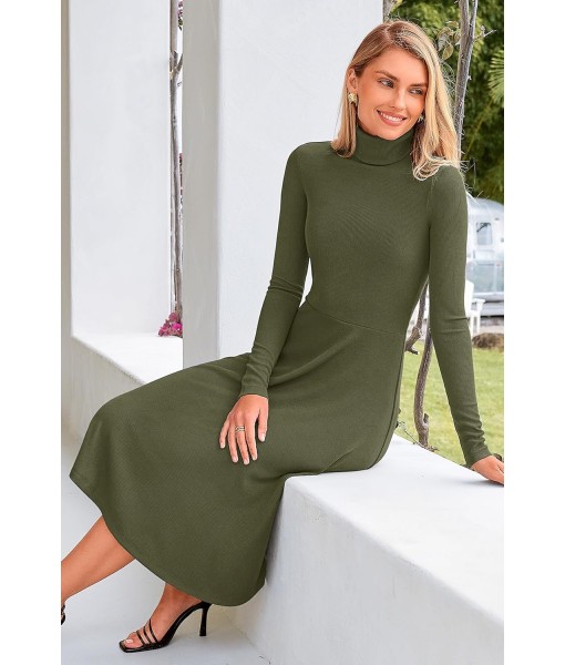 CFLONGE Women's Casual Ribbed Knit High Neck Dress Long Sleeve Fall Dress for Women 2025 Lightweight A Line Flare Dresses