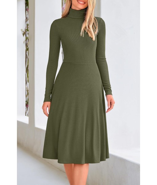 CFLONGE Women's Casual Ribbed Knit High Neck Dress Long Sleeve Fall Dress for Women 2025 Lightweight A Line Flare Dresses