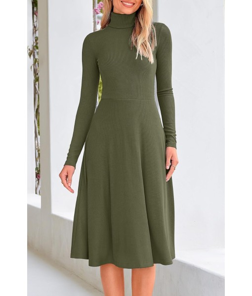 CFLONGE Women's Casual Ribbed Knit High Neck Dress Long Sleeve Fall Dress for Women 2025 Lightweight A Line Flare Dresses
