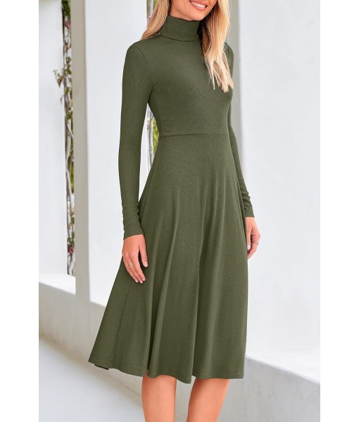 CFLONGE Women's Casual Ribbed Knit High Neck Dress Long Sleeve Fall Dress for Women 2025 Lightweight A Line Flare Dresses