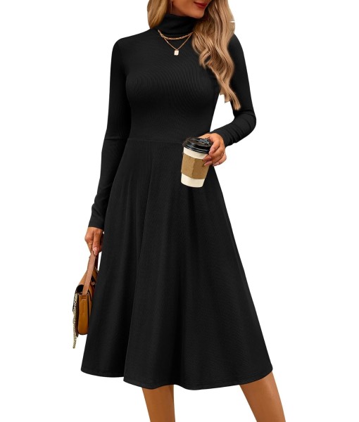 CFLONGE Women's Casual Ribbed Knit High Neck Dress Long Sleeve Fall Dress for Women 2025 Lightweight A Line Flare Dresses